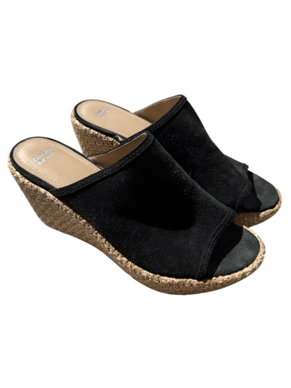 Johnston & Murphy Black Suede Espadrille Platform Wedge Mules